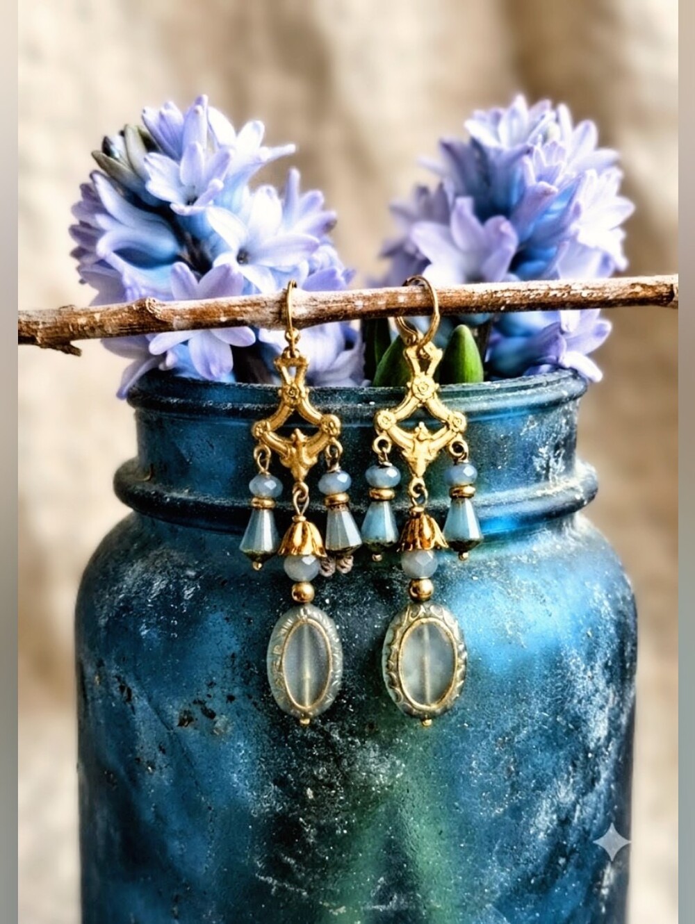 Victorian Aqua Blue Glass In Gold Plated Chandelier Art Deco Earrings